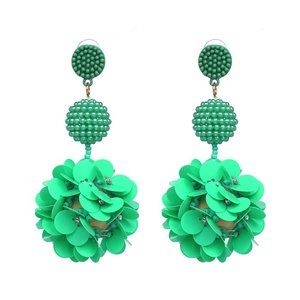 Green Beaded Sequin Flower Large Drop Earrings